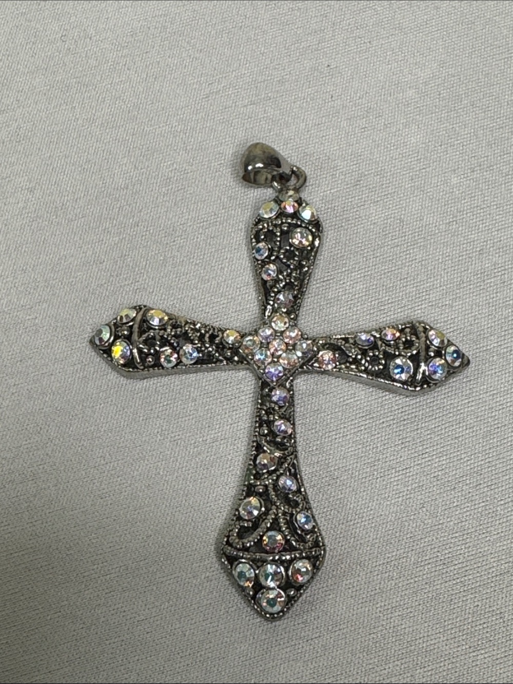 Silver-Tone Crystal Cross Pendant Necklace - Iridescent Accents